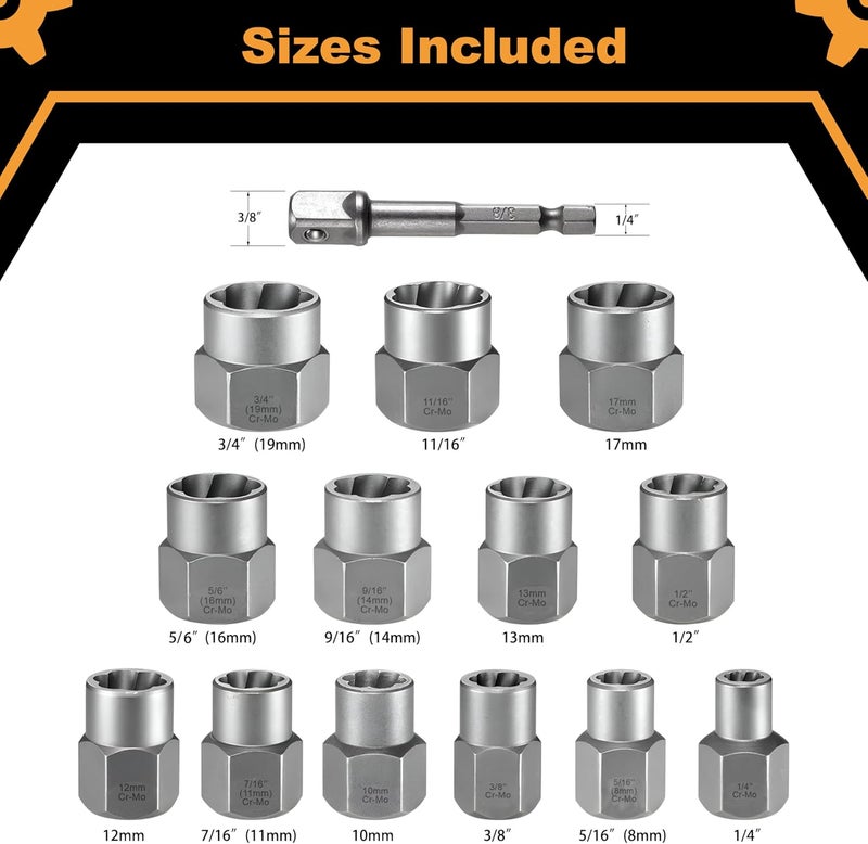 VISTACO Bolt Extractor Kit – 13+2 Pieces Easy Out Bolt Extractor Set Heavy Duty with 3/8 Inch Adapter, Lug Nut Remover for Rusted, Rounded, Damaged, Frozen, Corroded, Seized Nuts, Bolts & Screw - Image 2